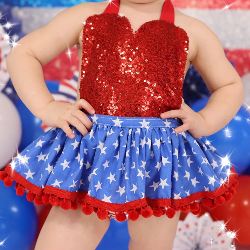 American Baby Girl Tutu Dress for Independence Day Pageant, 4th of July Red Sequin Romper