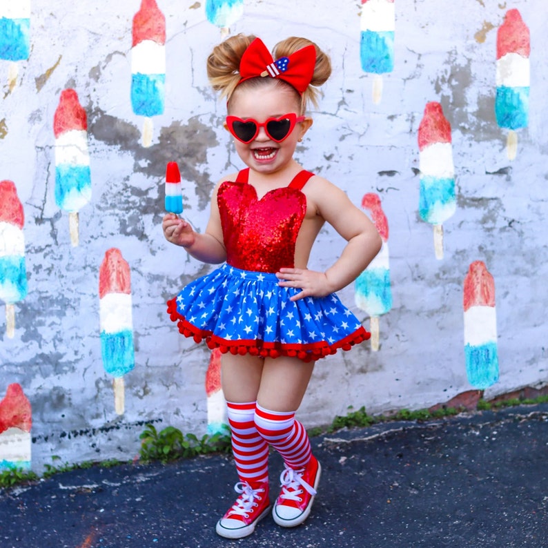 American Baby Girl Tutu Dress for Independence Day Pageant, 4th of July Red Sequin Romper