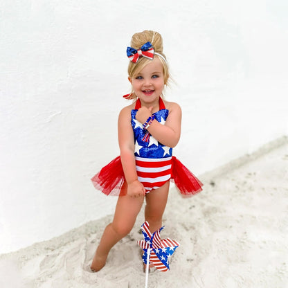 Infant Sequin Patriotic Romper Dress for Independence Day Baby Girl Pageant, Stars & Striped