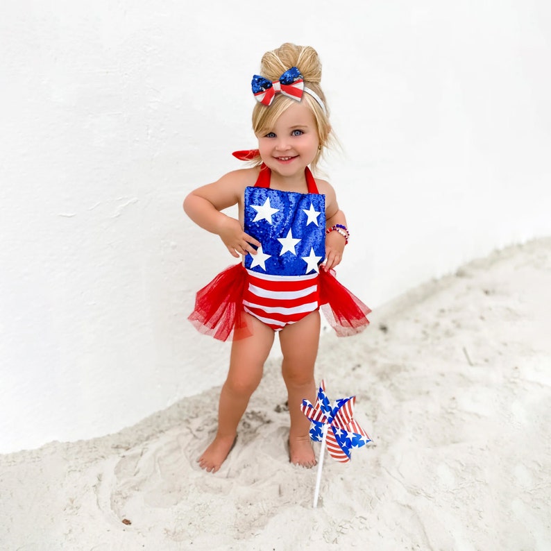 Infant Sequin Patriotic Romper Dress for Independence Day Baby Girl Pageant, Stars & Striped