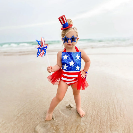 Infant Sequin Patriotic Romper Dress for Independence Day Baby Girl Pageant, Stars & Striped