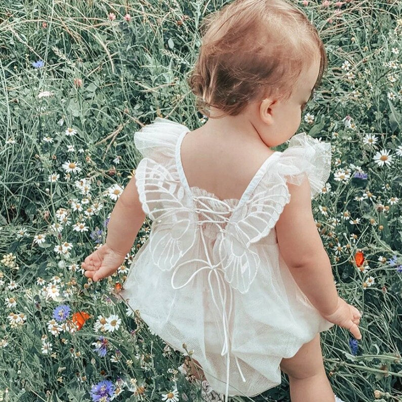 Butterfly Baby Girl Romper, Cake Smash Outfit for First Birthday Photoshoot, Toddler Tulle Bubble Romper, Infant Fairy Princess, Angel Fly Wings white