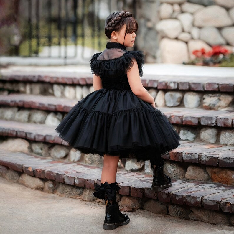 Wednesday Addams Dance Short Dress, Cosplay Black Birthday or Halloween Toddler Girls Costume