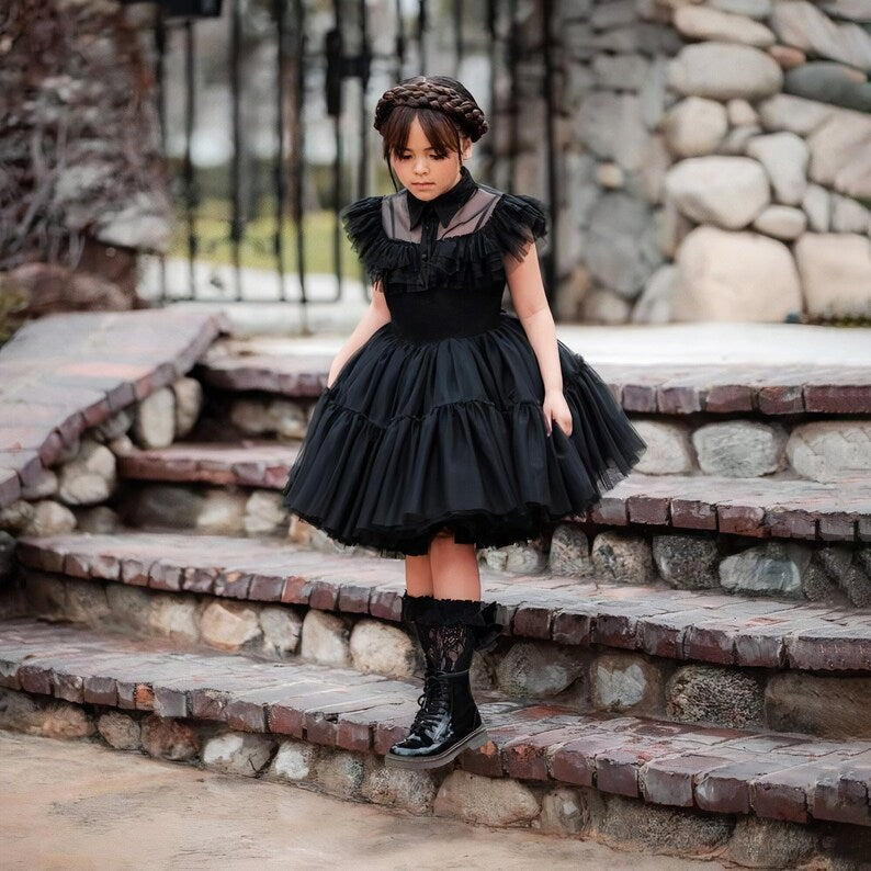 Wednesday Addams Dance Short Dress, Cosplay Black Birthday or Halloween Toddler Girls Costume