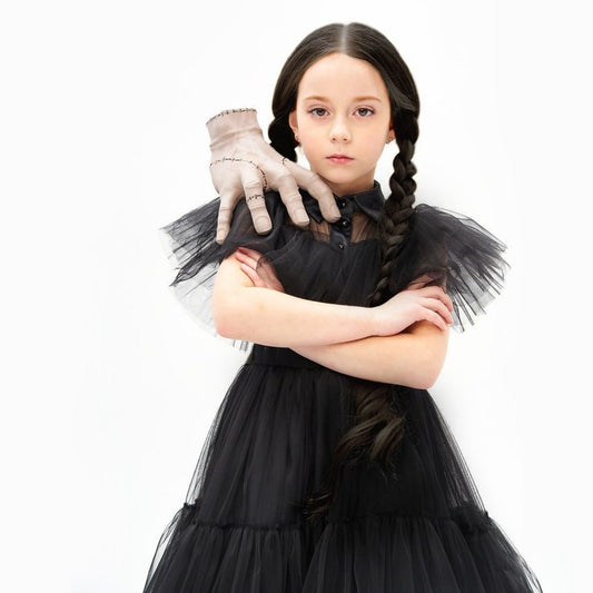 Wednesday Addams Dress Up + Wig + Hand, Kids Black Tulle Halloween Costume or Birthday Party Outfit