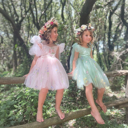 Sage Flower Girl Dresses or Junior Bridesmaid Outfit for Forest Wedding Party, Embroidered Tulle Gown