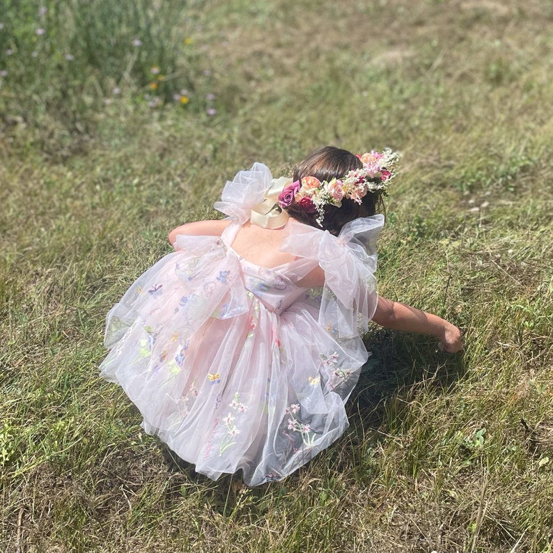 Sage Flower Girl Dresses or Junior Bridesmaid Outfit for Forest Wedding Party, Embroidered Tulle Tutu Gown, Beach Wedding Ceremony, Toddler Flower Girl, Spring Summer 2024 Easter, pink