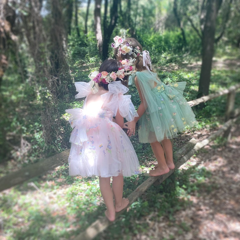 Sage Flower Girl Dresses or Junior Bridesmaid Outfit for Forest Wedding Party, Embroidered Tulle Gown