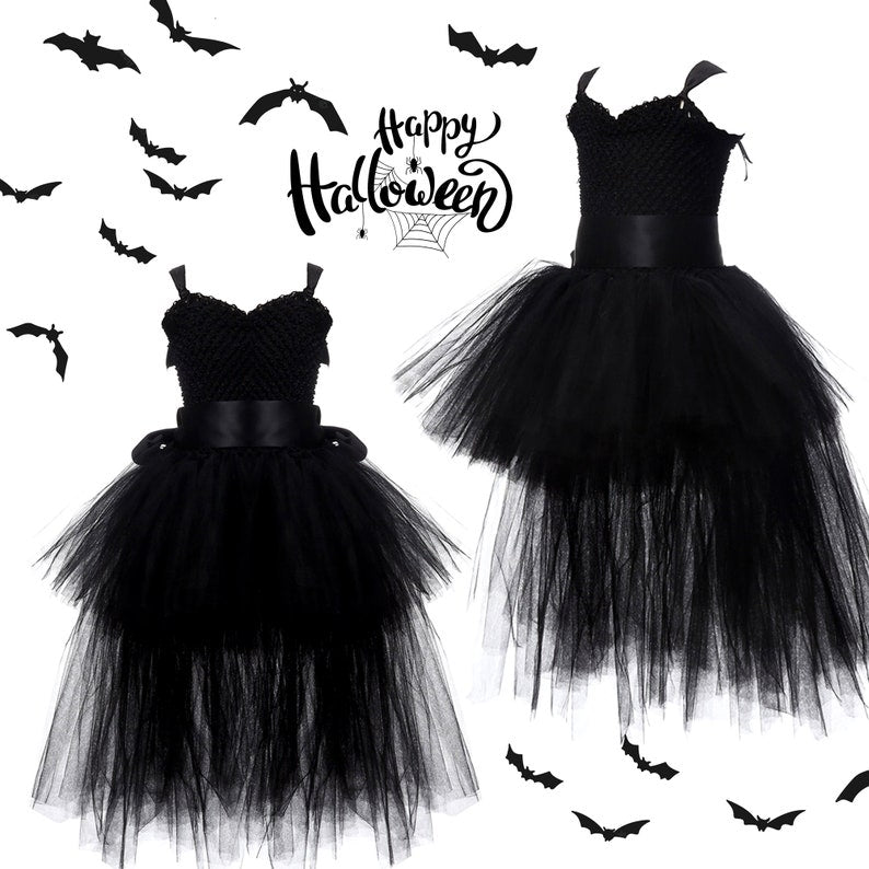 Black Tulle Tutu Dress with Long Train Skirt for Rockabilly Girls, Kids Halloween Costume or Gothic Princess Birthday Outfit