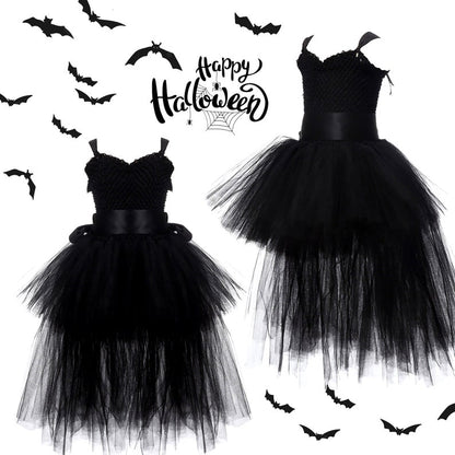 Black Tulle Tutu Dress with Long Train Skirt for Rockabilly Girls, Kids Halloween Costume or Gothic Princess Birthday Outfit