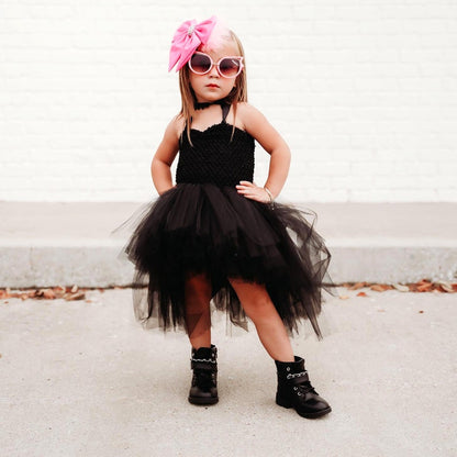 Black Tulle Tutu Dress with Long Train Skirt for Rockabilly Girls, Kids Halloween Costume or Gothic Princess Birthday Outfit