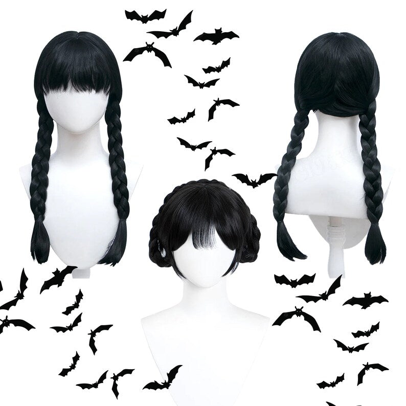 Wednesday Addams Dance Short Dress with wig, Cosplay Black Birthday or Halloween Toddler Girls Costume