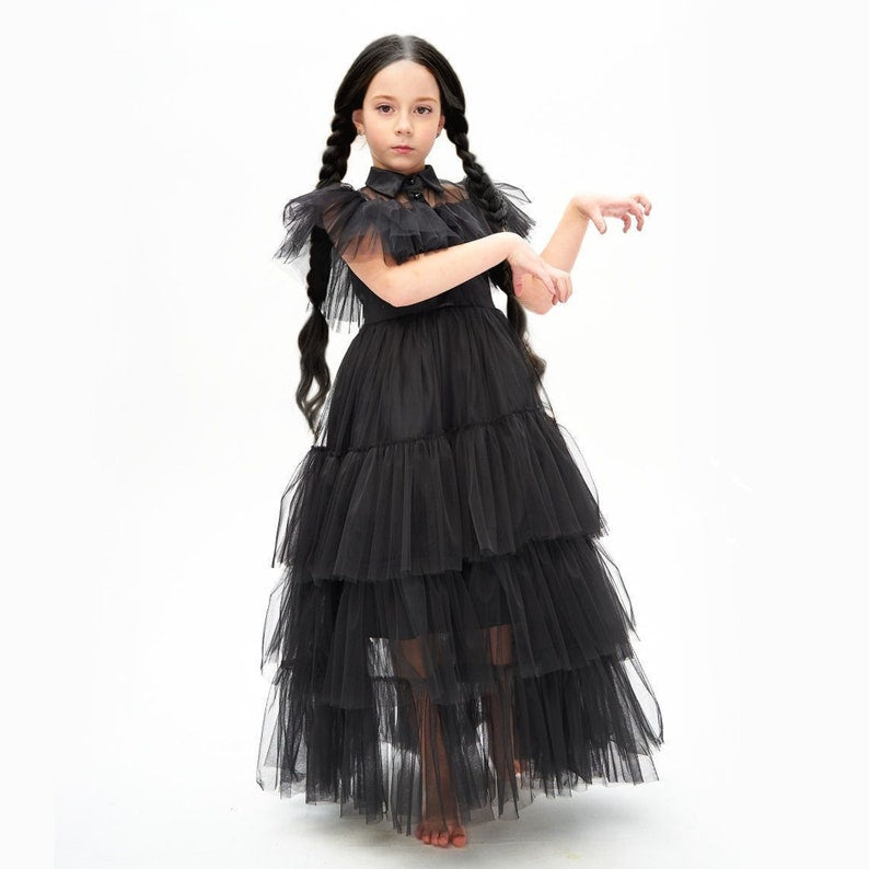 Wednesday Addams Dress Up + Wig + Hand, Kids Black Tulle Halloween Cos AmimamiDoll Wednesday Addams Dress Up + Wig + Hand, Kids Black Tulle Halloween Cos AmimamiDoll