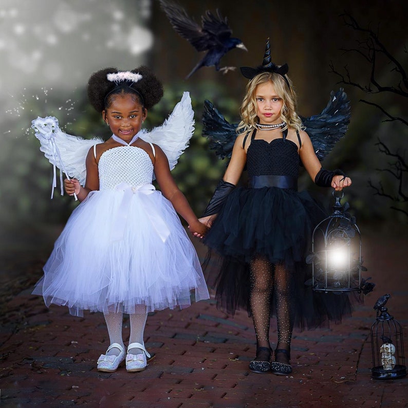 Black Tulle Tutu Dress with Long Train Skirt for Rockabilly Girls, Kids Halloween Costume or Gothic Princess Birthday Outfit