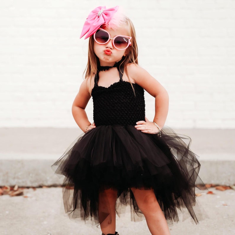 Black Tulle Tutu Dress with Long Train Skirt for Rockabilly Girls, Kids Halloween Costume or Gothic Princess Birthday Outfit