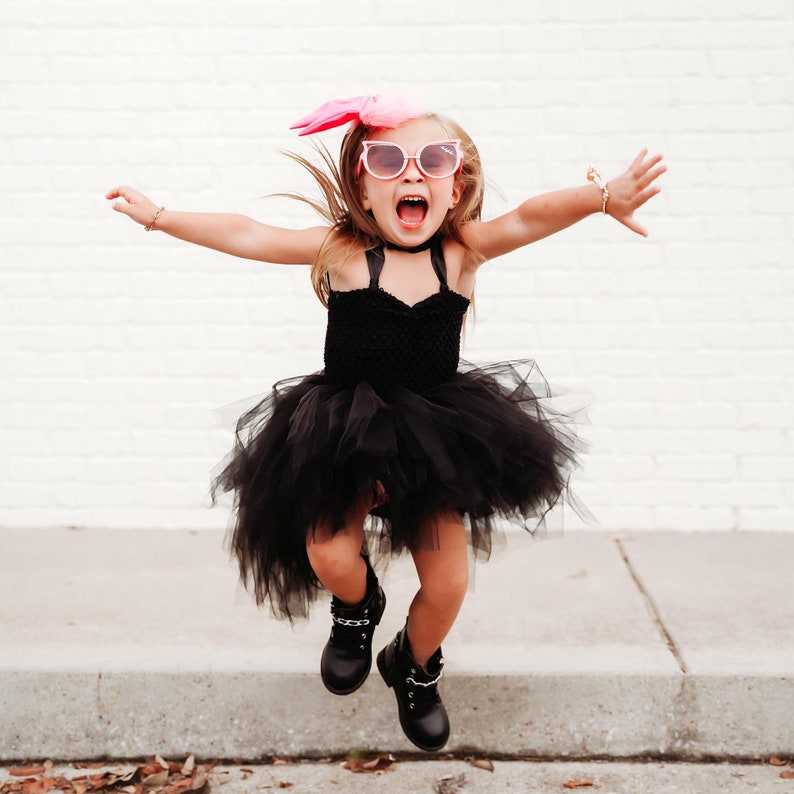 Black Tulle Tutu Dress with Long Train Skirt for Rockabilly Girls, Kids Halloween Costume or Gothic Princess Birthday Outfit