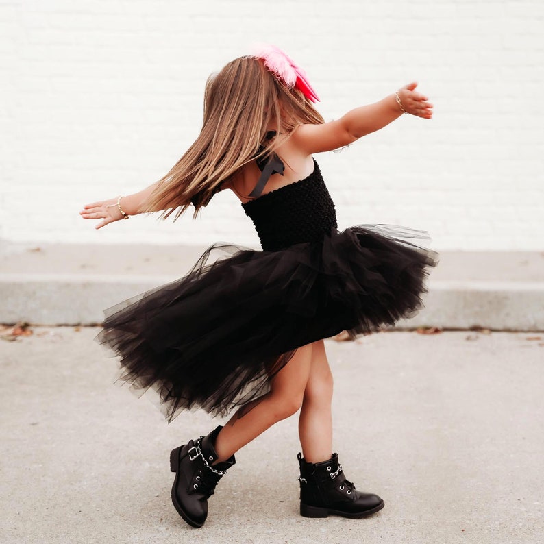 Black Tulle Tutu Dress with Long Train Skirt for Rockabilly Girls, Kids Halloween Costume or Gothic Princess Birthday Outfit