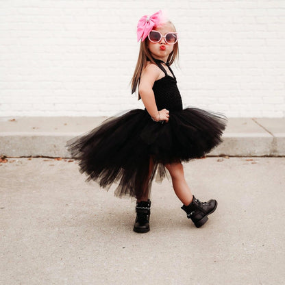 Black Tulle Tutu Dress with Long Train Skirt for Rockabilly Girls, Kids Halloween Costume or Gothic Princess Birthday Outfit