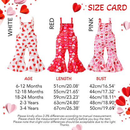 Bell Bottoms Baby Girl Overall with Hearts Print, Valentine's Day Outfit for Toddler and Kids