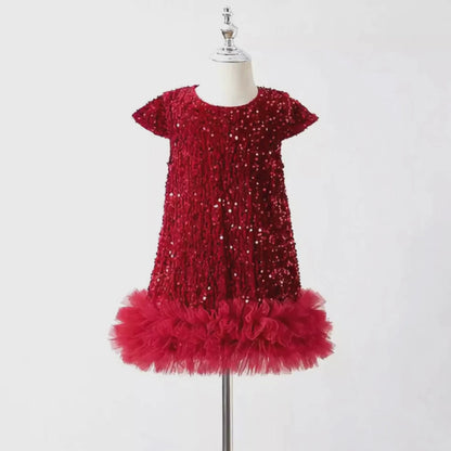 Toddler Girl Christmas Red Dress - Sparkle Sequin & Fluffy Tulle Ruffles