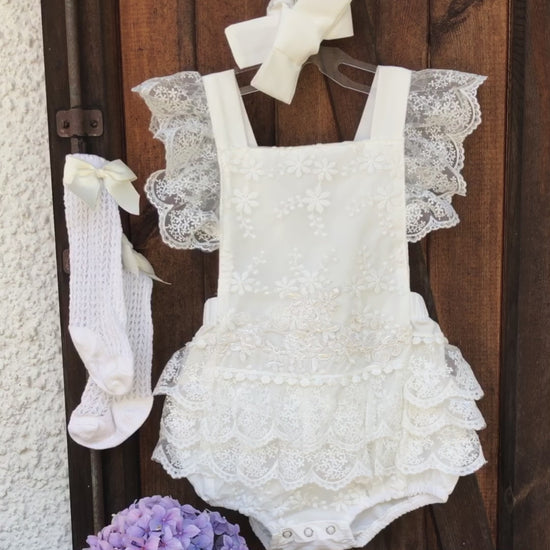 White Boho Lace Baby Girl Romper with Stockings for Special Occasion. First Birthday, Smash Cake, Baptism, Wedding Outfit