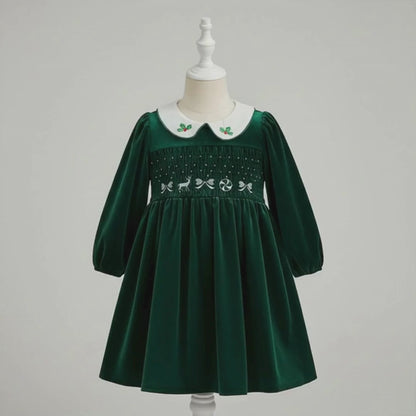 Velvet Smocked Christmas Girls Dress: Holly Embroidered Burgundy Retro Dress Long Sleeve, Toddler Girl Xmas Holiday Clothes