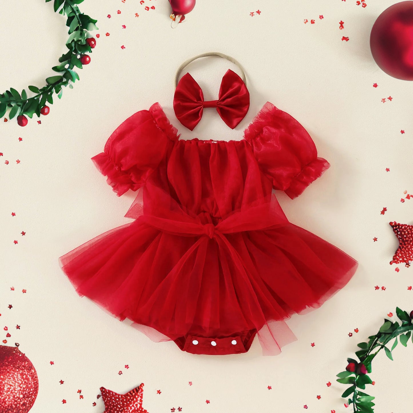 Baby Girl Christmas Dress, Red Tulle Tutu Romper for Toddler & Newborn