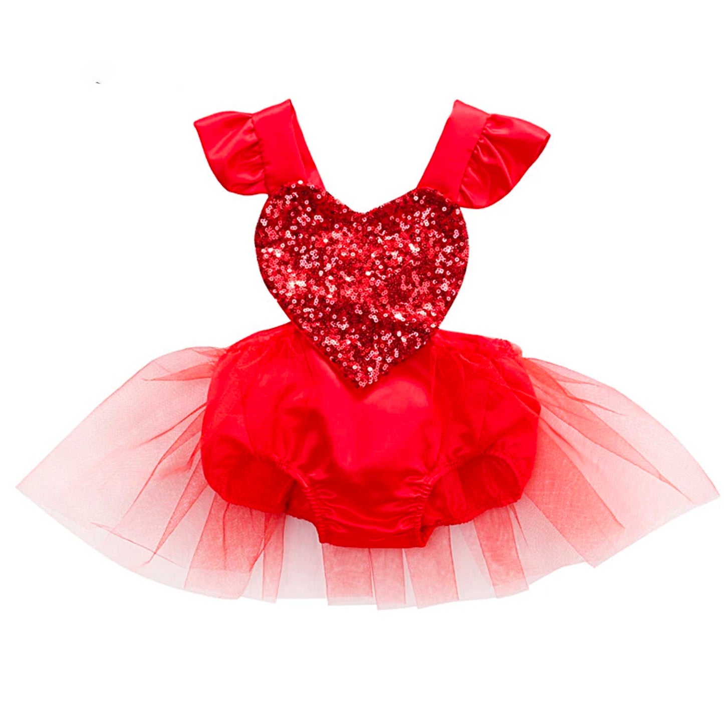 Valentines Outfit Baby Girl, Toddler Girl Red Tulle Dress Romper with Sequin Heart