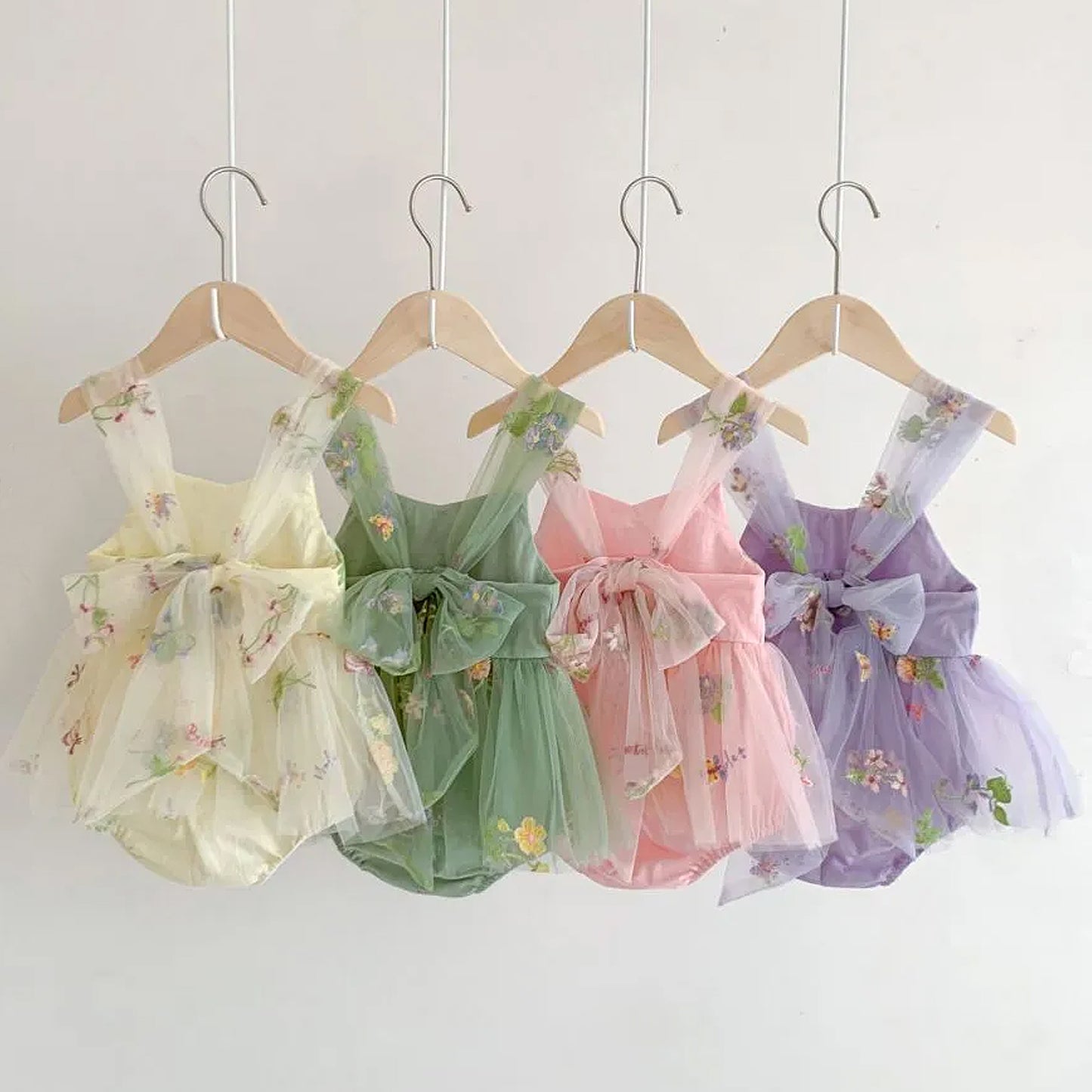 Sage Green Baby Girl Tulle Romper Dress with Floral Embroidery, Toddler Wedding Outfit