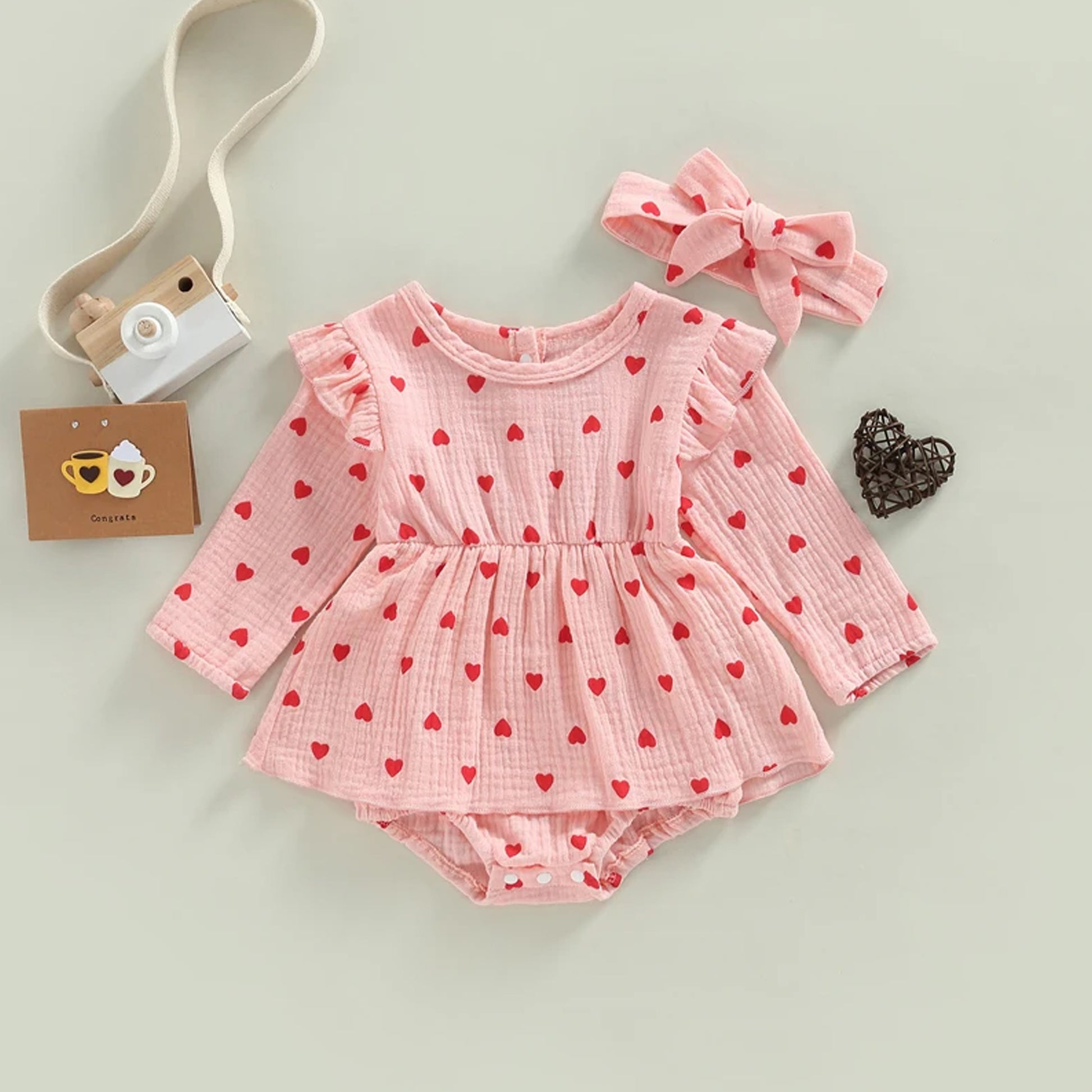 Baby Girl Valentine's Day Romper of Soft Muslin Cotton, Infant Dress Long Sleeve with Headband