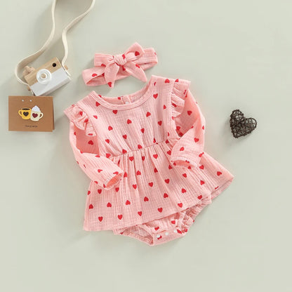 Baby Girl Valentine's Day Romper of Soft Muslin Cotton, Infant Dress Long Sleeve with Headband