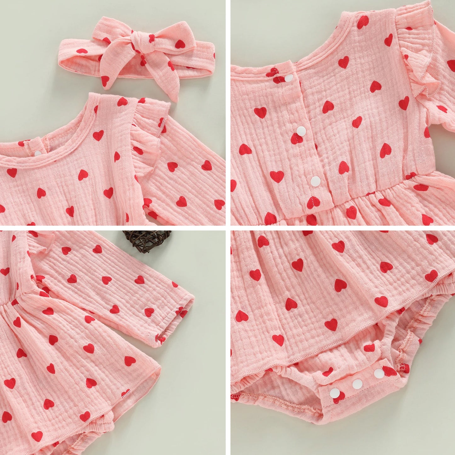 Baby Girl Valentine's Day Romper of Soft Muslin Cotton, Infant Dress Long Sleeve with Headband