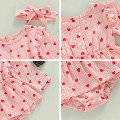 Baby Girl Valentine's Day Romper of Soft Muslin Cotton, Infant Dress Long Sleeve with Headband