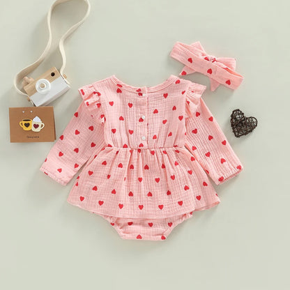 Baby Girl Valentine's Day Romper of Soft Muslin Cotton, Infant Dress Long Sleeve with Headband